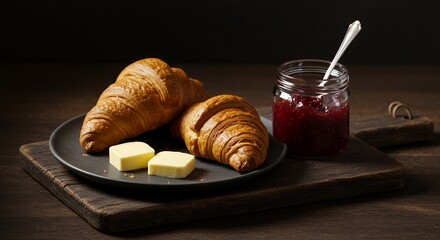 Golden-brown croissants, glistening butter pats, and a jar of vibrant raspberry jam create a rustic, inviting breakfast scene.