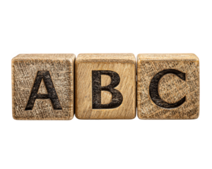 Wooden alphabet blocks B C isolated on transparency background, educational toy for children, rustic texture, learning concept, playful and nostalgic feeling