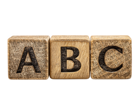 Wooden alphabet blocks B C isolated on transparency background, educational toy for children, rustic texture, learning concept, playful and nostalgic feeling