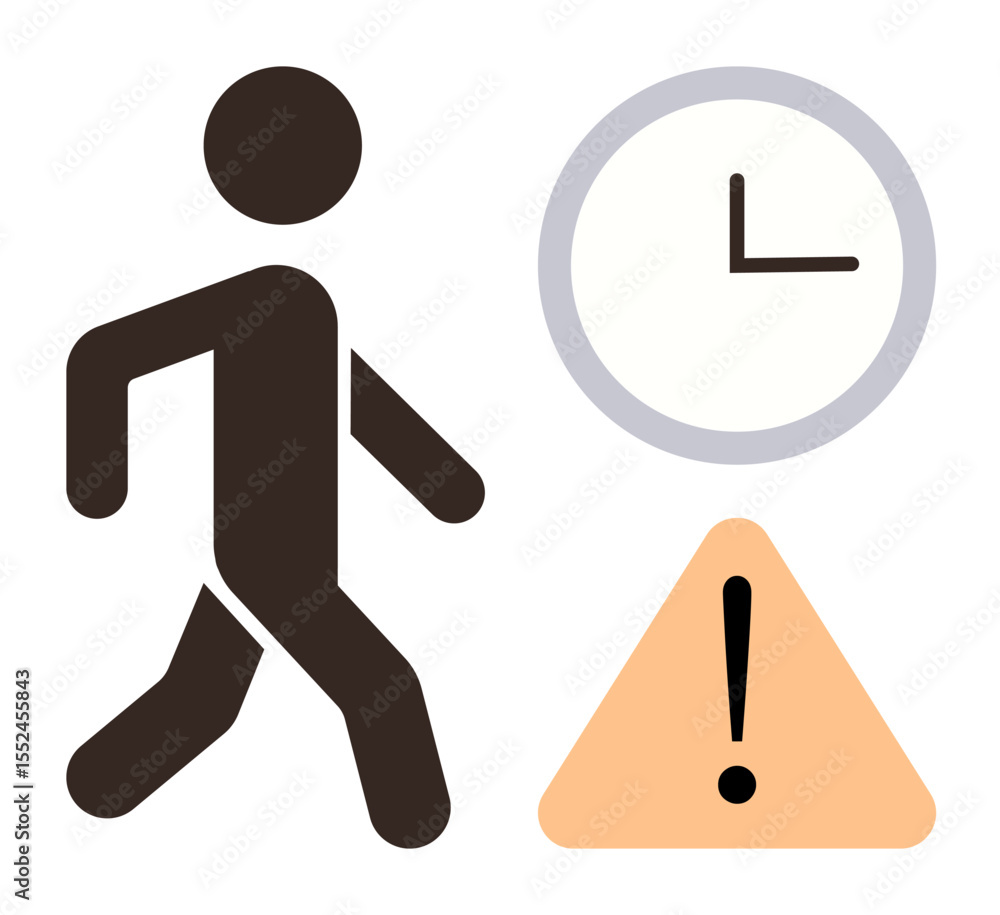 Poster human figure walking, clock representing time, triangle with exclamation mark signaling urgency or c