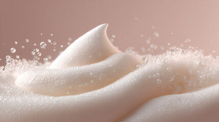 Fototapeta premium Luxurious, dense white foam with small bubbles, against a soft, blurred pink background. Sensual texture.