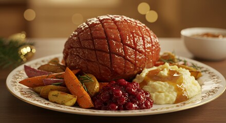 Festive Glazed Ham Centerpiece with Creamy Mashed Potatoes and Roasted Root Vegetables, a Delicious Christmas Dinner