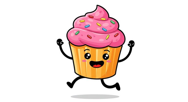 Cheerful cartoon cupcake character running isolated on white background