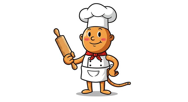 Cartoon chef character holding rolling pin for culinary and food illustrations