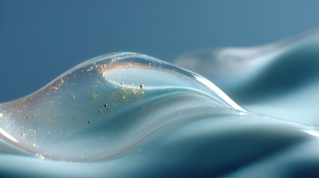Abstract wavy surface with golden flecks shimmering on a light blue backdrop creates a fluid texture. - Powered by Adobe