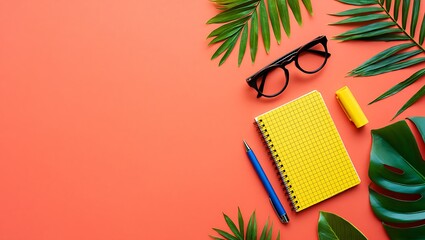 A yellow notepad sits on a coral background with tropical leaves