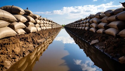 Reflection of a serene landscape with sandbags lining a water-filled trench under a blue sky