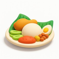 3D Render of a Colorful Plate of Rice, Chicken, Egg, and Vegetables