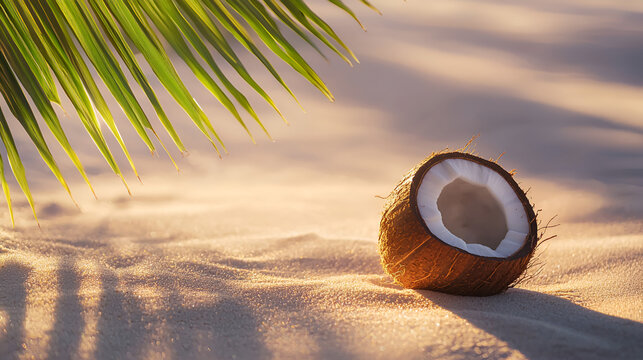 Tropical paradise: A halved coconut rests on shimmering sand under the shade of a palm frond.
