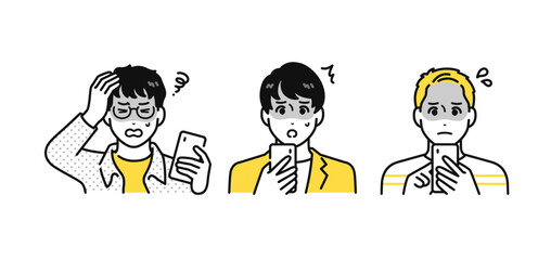 スマートフォン 青ざめる 若い男性 アイコン イラスト セット