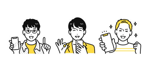 スマートフォン 喜ぶ 若い男性 アイコン イラスト セット