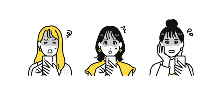 スマホ 青ざめる 若い女性 アイコン イラスト セット