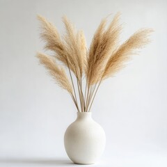 Naklejka premium A bouquet of dried pampas grass plumes in a speckled ceramic vase isolated on white background