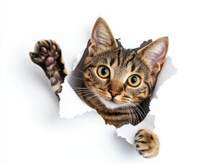 Playful tabby cat peeking through ripped paper