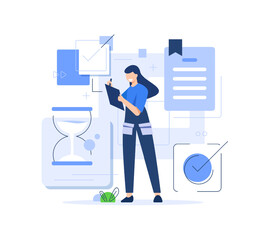 Concept of task done, checklist, to-do list, notification. People marking completed task on checklist. Successful time management