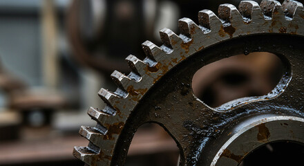 "Macro photo of a rusty metal gear with oil stains. Close-up view showing industrial texture and mechanical details."

