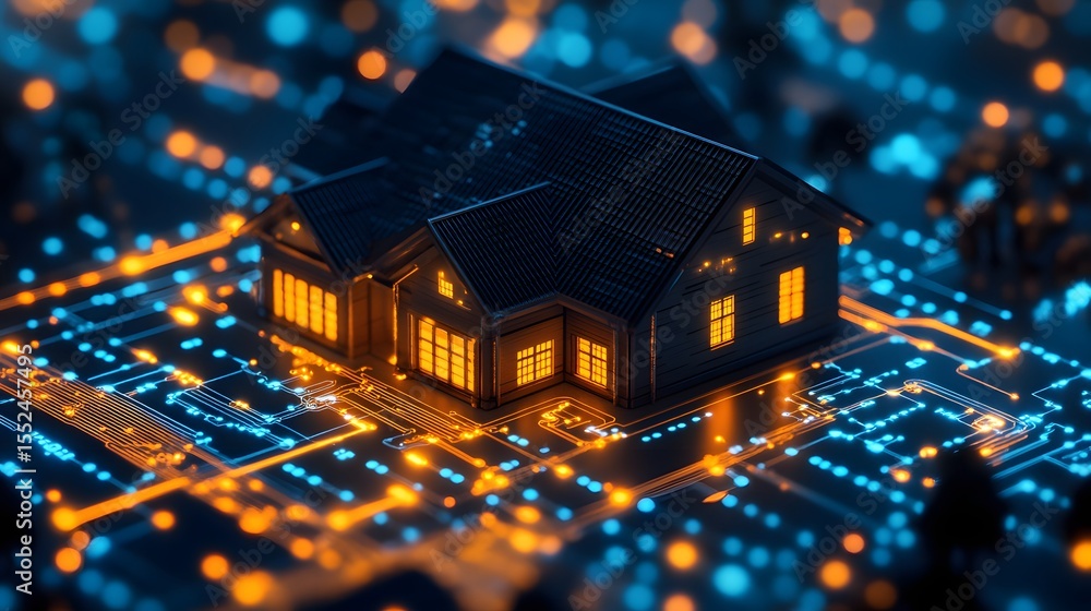 Poster a miniature house sits atop a circuit board, symbolizing the integration of technology into modern h