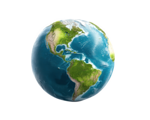 Earth globe planet world map blue green ocean continent isolated on transparency background realistic detailed environmental peaceful