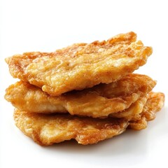 Stack of crispy golden fried fish fillets isolated on white background
