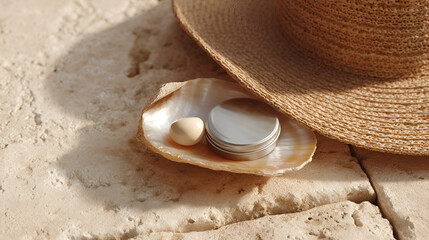Sunlit still life featuring a shell holding a balm and cream, with a straw hat in the background.