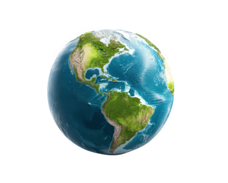 Earth globe planet world map blue green ocean continent isolated on transparency background realistic detailed environmental peaceful