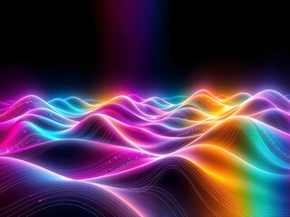 Fototapeta premium abstract illustration of undulating landscapes radiating vibrant, neon hues of pink, blue, green, and yellow, set against a deep, mysterious dark background