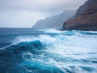 Powerful ocean waves crashing against dramatic cliffs