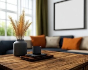 Elegant Living Room with Stylish Decor Featuring Decorative Vase and Cozy Sofa Arrangement