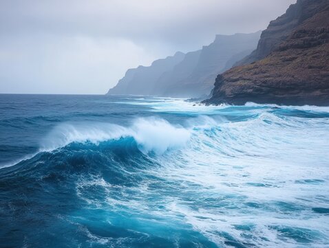 Powerful ocean waves crashing against dramatic cliffs