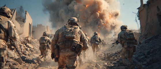 Modern Soldiers Advancing Through Urban Combat Zone Explosion