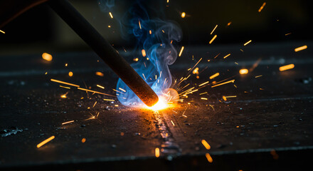 "Macro photo of welding sparks on metal. Industrial close-up showing energy and heat in a factory scene."

