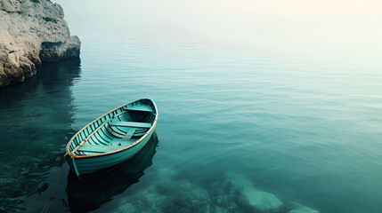 Obraz premium Peaceful turquoise waters cradle a wooden rowboat, the cliffside in the background is enveloped in mist.