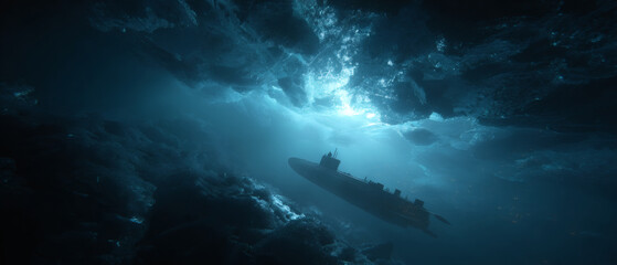 Submarine Navigating Beneath Frozen Ocean Surface
