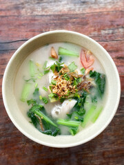 Noodle soup close up background. Stock photo.