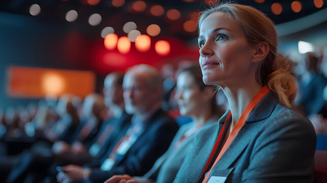 A woman attentively listens during a business conference.  She is focused and engaged, representing a thoughtful attendee.