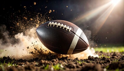 Football in Action: A football soars dramatically against a dark background, streaks of dirt and dust adding a dynamic and powerful visual in this action shot.