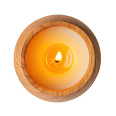 Burning candle in wooden holder top view isolated on transparent background