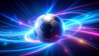 Obraz premium Football Energy: A captivating digital artwork that captures the dynamic essence of a football, enveloped by mesmerizing trails of light and energy. A perfect illustration of speed, motion.