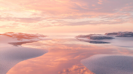Pastel Beach Reflection: Serene coastal scene with soft pinks and a tranquil reflection on the water.