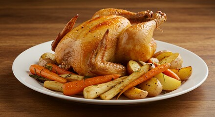 Golden-brown roasted chicken, perfectly complemented by roasted root vegetables, sits on a pristine white plate, a heartwarming culinary masterpiece.