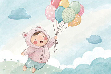 A cheerful toddler in a pink bear-hooded coat floats joyfully, propelled by a bunch of pastel-colored balloons against a dreamy sky and grassy knoll