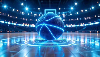 Futuristic Basketball Arena: A basketball is hovering on a court, illuminated with blue neon lines, in a futuristic arena with a blurred background, capturing the excitement of the game.