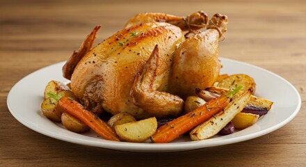 Golden-brown roasted chicken, glistening with savory juices, sits majestically on a pristine white plate, surrounded by a medley of perfectly roasted root vegetables