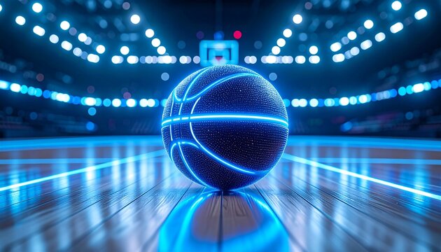 Glowing Basketball on Court: A futuristic basketball with vibrant blue neon lines rests center court in a large arena, bathed in dynamic blue lighting, ready for the big game.