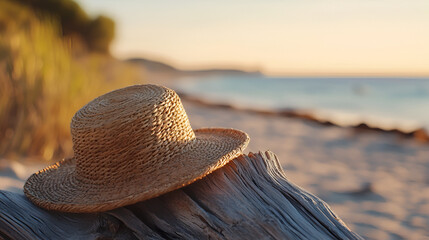 Straw hat resting on weathered driftwood at a serene beach during a picturesque sunset. Vacation mood.