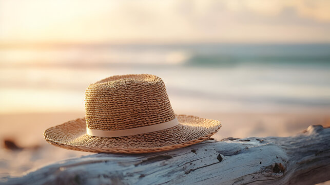 Straw hat rests on driftwood at sunset, creating a serene coastal scene. Vacation vibes and summer relaxation.