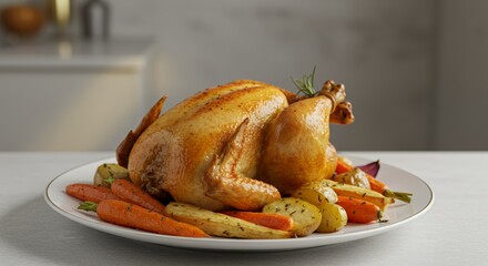 Golden-brown roasted chicken, perfectly seasoned and glistening, rests majestically on a bed of vibrant roasted root vegetables, a heartwarming culinary masterpiece ready to be enjoyed.