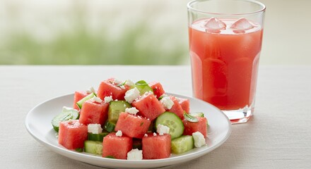 Refreshing Watermelon Feta Salad with a Side of Watermelon Juice