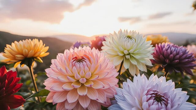 Colorful dahlia flowers blooming in a garden at sunset with mountain backdrop