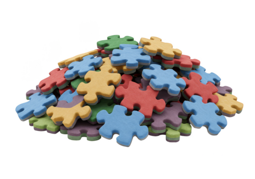 Isolated Pile of Multicolored Puzzle Pieces 3D Rendering on Transparent